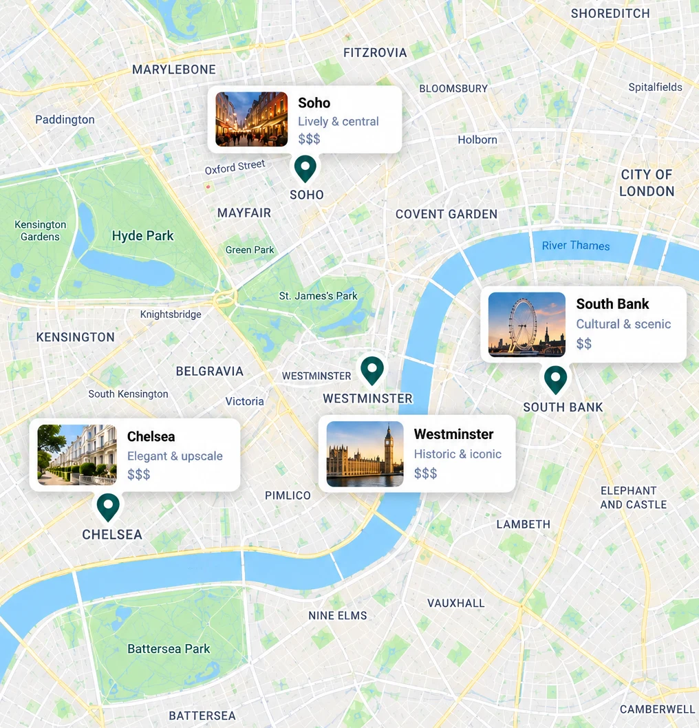 Example: map of central London with neighbourhoods like Soho and South Bank marked